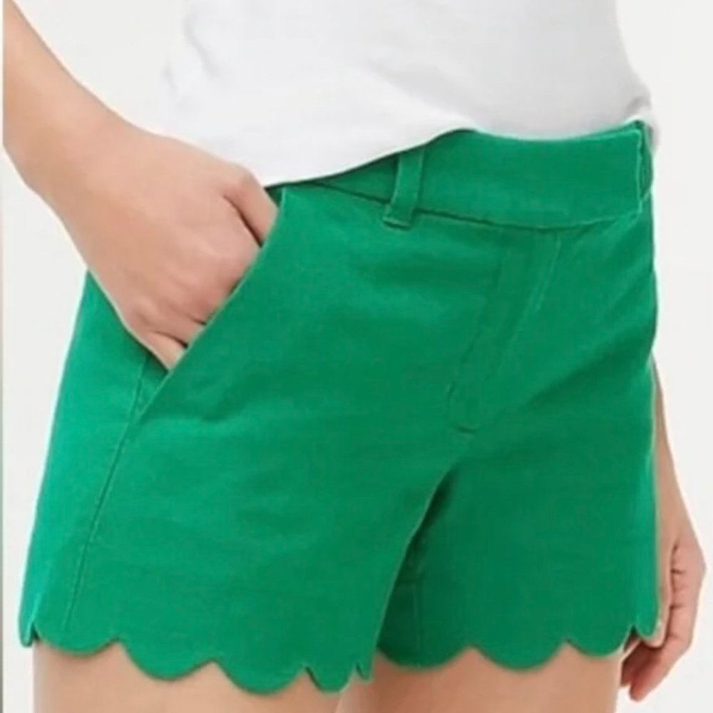 NWT: J.Crew Linen Green 4” Shorts,  Scalloped Hem, Size 6